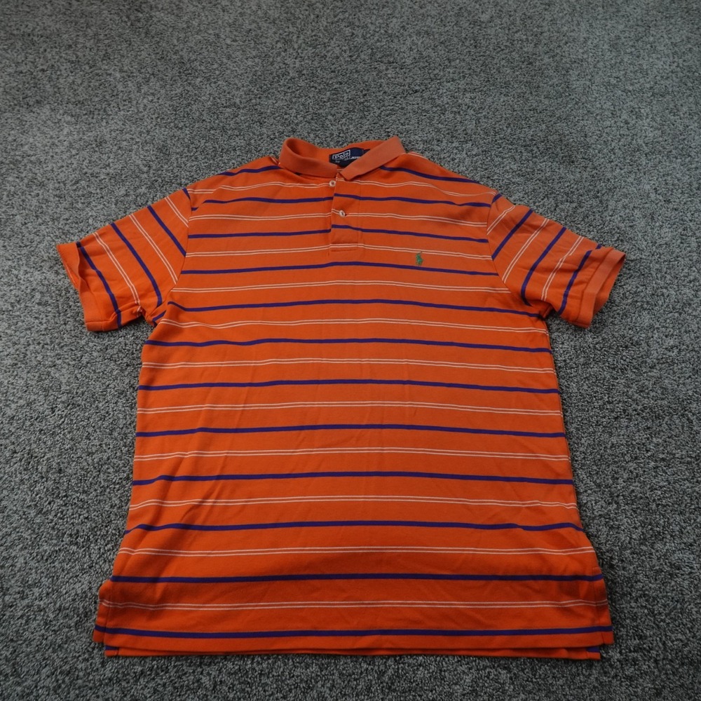 VTG Ralph Lauren Polo Shirt Mens L Orange Striped Pony Short Sleeve Golf Preppy